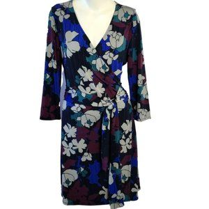Sabie Blue Floral Print Tie Front Wrap Dress Size Medium 3/4 Length Sleeves
